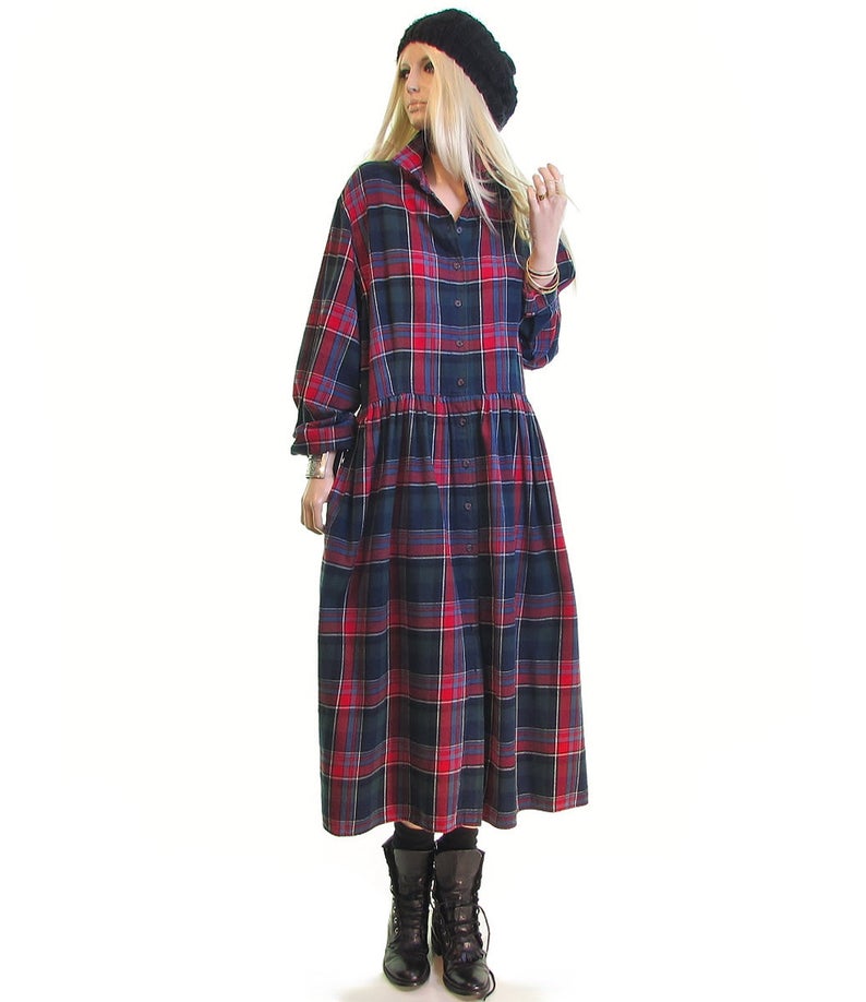 Vintage Dresses Cotton Plaid Flannel Dress Scotch Plaid Maxi Dress Duster Jacket Punk Rock 90s Grunge Dress Goth Dress Riot Grrrl Punk Rock Dress Size Petite Small