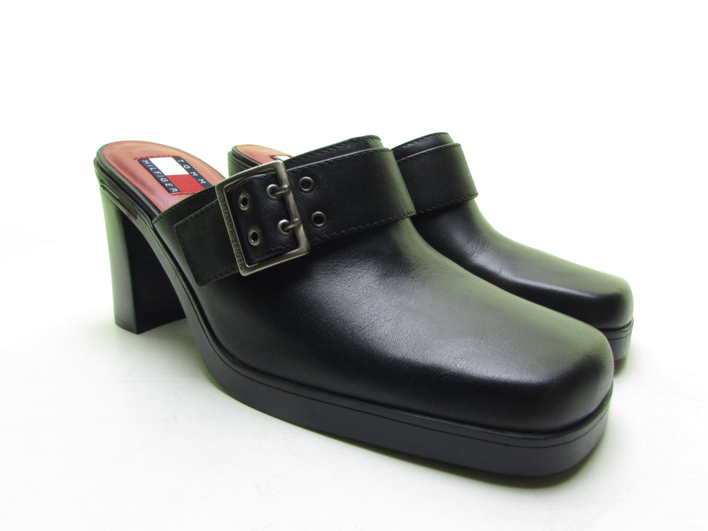 HILFIGER Platform shoes 90s Square Toe Black Leather Mules – vintage90s.com